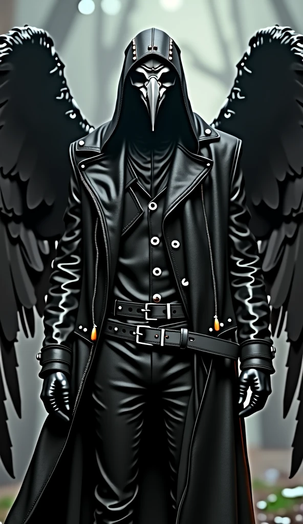 Fallen angel, completely black body like coal, thin but marked, with a crystal in the center of the face, without eyes or mouth, wearing ripped jeans, a black leather jacket and a white shirt, with a black demon tail and black fallen angel wings.