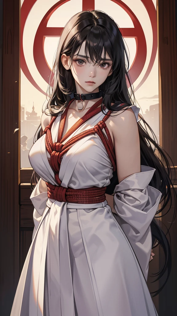 Anime girl with long black hair and red tie standing in front of a ...