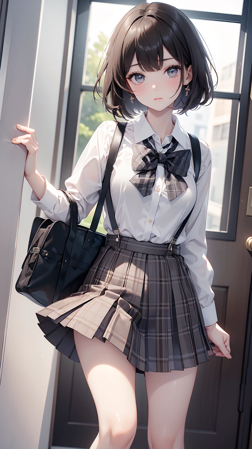 1 girl, Solo, Cute Girl, 150 cm, Best Quality, Ultra-detailed, 8K, High resolution, Detailed face, dark brown hair, bob hair, (((tareme:1.5, downer))), (((school uniform, white collared shirt, bowtie, pleated skirt, gray skirt, plaid skirt, long skirt, white socks))), 60cm length, short hair, suspenders skirt