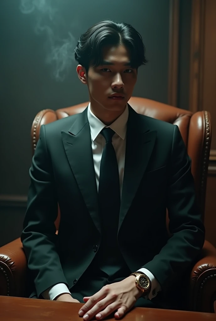 Jungkook is wearing formal clothes, smoking, and has a tattoo on his neck, sitting on top of a Mercedes Maybach.