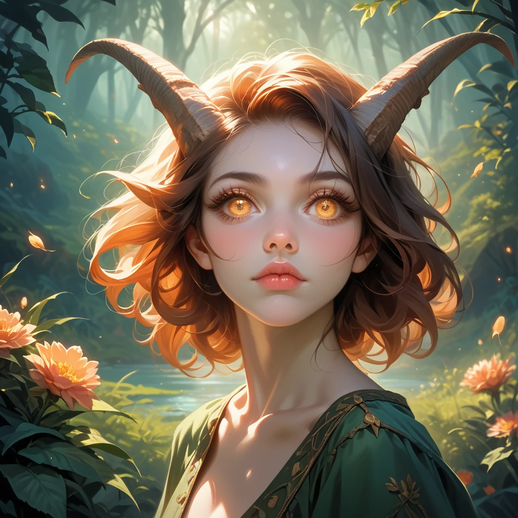 A beautiful woman with the lower body of a mountain goat, hairy legs and hooves, lost in an enchanted forest, ultra detailed, realistic, photorealistic, 8k, (best quality:1.2), (extremely detailed:1.4), detailed eyes, detailed lips, long eyelashes, extremely detailed face, cinematic lighting, fantasy, magical, lush greenery, mist, warm colors, golden hour lighting