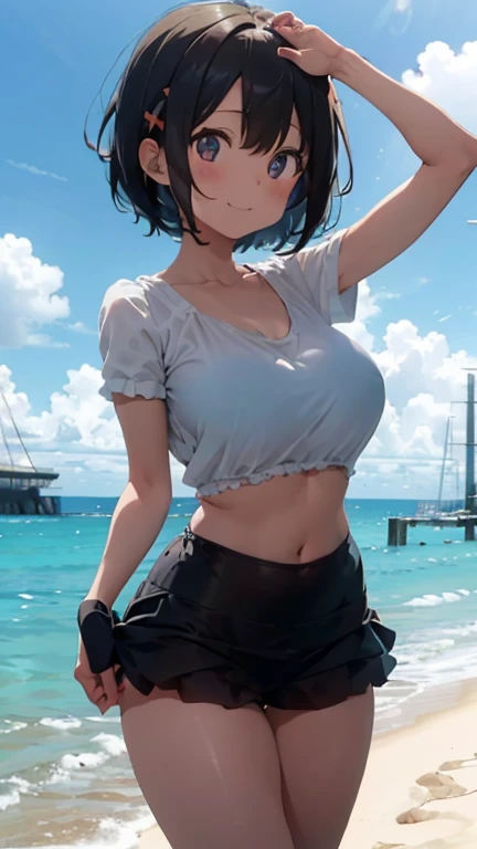 (Cute Smile、Kana Hanazawa、Girl with black short hair、Cute orange hair clip)、((Big in clothes 、A tight fitting white blouse over a dark blue bra、Light blue long flare cart、Pure white cute underwear))、barefoot、barefoot、((Sandy Beach, Sea and blue sky))、((The face is in focus and the background is blurred、Shallow depth of field))、Realistic、Standing posture、((Moderately large breasts、Closer valley))