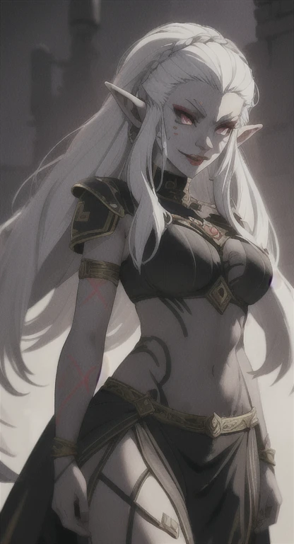 Ancient Hylian, corrupted Devine heroine, princess Hylia, white hair, red eyes, smirking malicious at viewer, ancient corrupted goddess armor, cursed markings, long messy hair, ancient Hyrule, medieval tribal village,  dark energy veins,