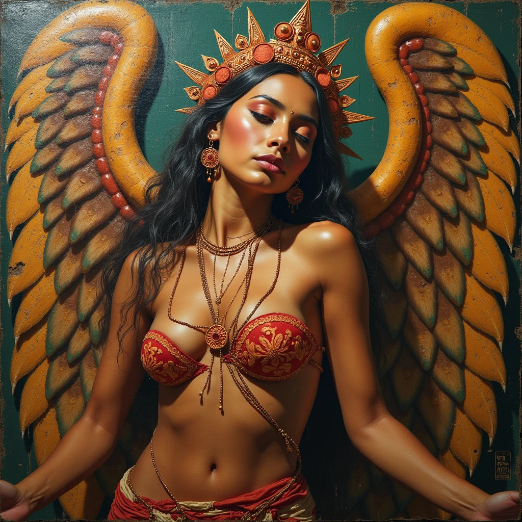 (((work of art, best qualityer: 1.2), A girl with phoenix wings standing in a ring of fire, beautiful and symmetrical face, with bright red eyes, phoenix, lotus flowers, red rose gold, gold mini underwear, Mountain sunrise to the bottom, Ancient porcelain buildings)),sexy and seductive look
