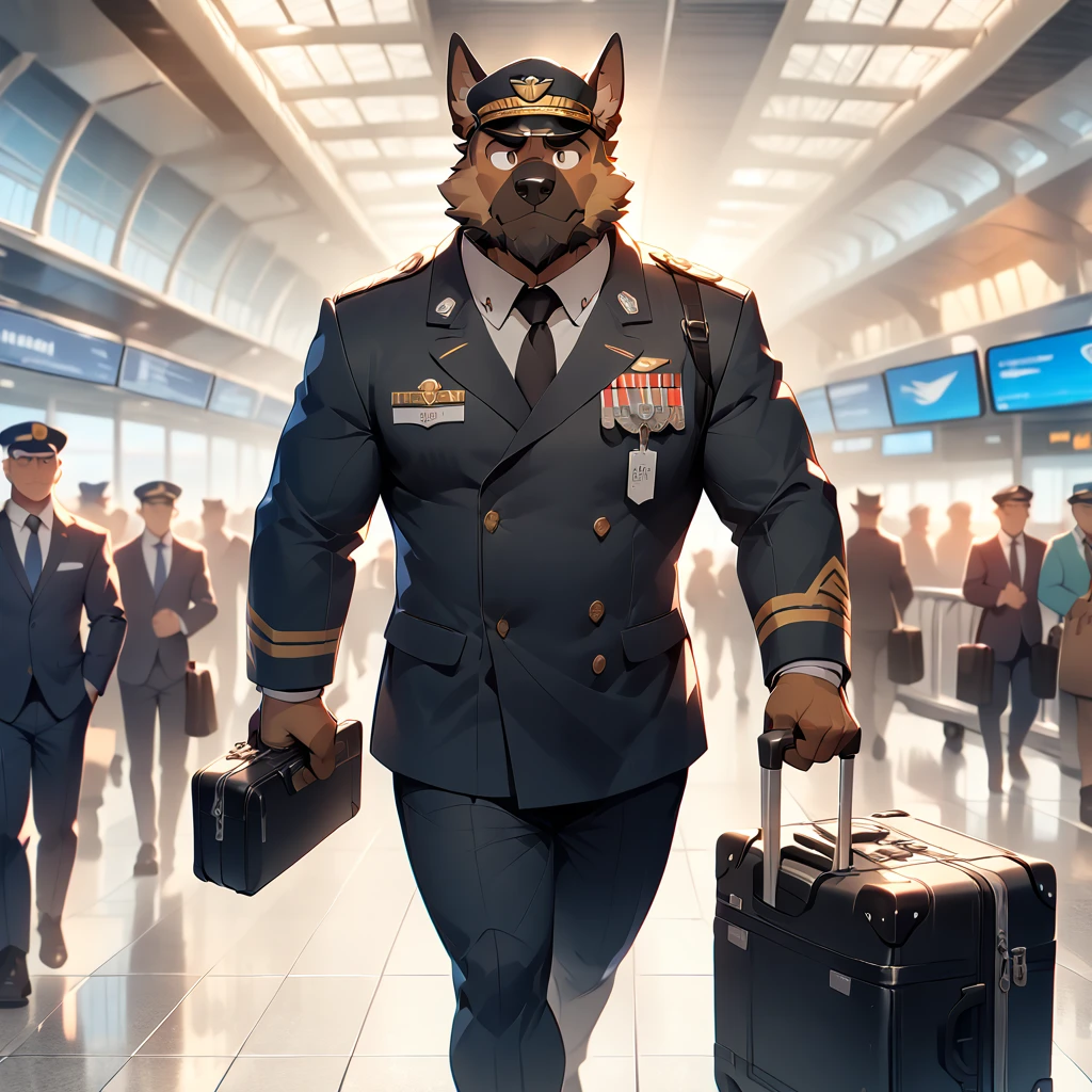 dynamic angle, dynamic pose, airline, plump middle-aged german shepherd man, airline hat, airline black color suit, trolley case, walking, brown eyes, beautiful beard, male face, big face, square jawline, male eyes, sharp eyes, big eyes, male eyebrows, innocent look, fluffy body, BREAK airport, terminal, indoor, masterpiece, best quality, very aesthetic, absurdres,