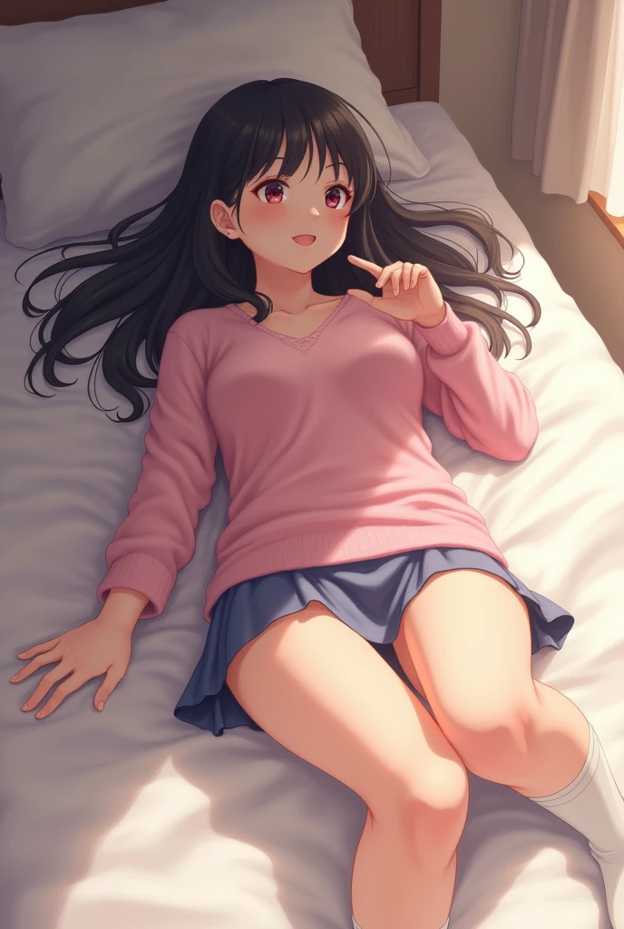 young woman, 19 yo, has a new socks, spreaded legs, christmas, got a new socks as a gift, happy, cute, good, rosy cheeks, thick eyebrows, wear lingeries, lie on back in the bed, missionaire