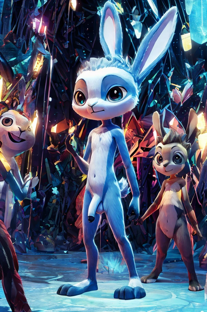  The image shows a young cub humanoid anthropomorphic cartoon creature like rabbit in a black and blue fur, with a sad expression, and he has a large flaccid black horse penis exposed. 3d character, nude, nudity, naked. penis. testicles, nsfw, rabbit, long ears, floppy long ears, white face, white head, black neck, black penis, black hands and feet. three fingers on hands and feet.