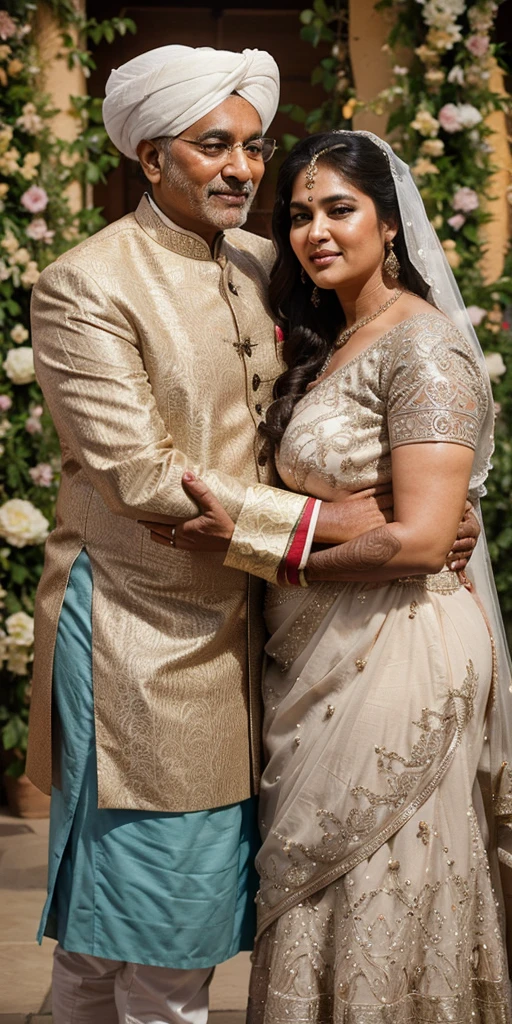 a 50-year-old shirtless man affectionately hugging and kissing aradiant, full-figured South Indian plus-sized 30 year old teacher wearing a off white silky saree in dressing room, captured in a full-body image with vibrant hues and meticulous details. Full body image