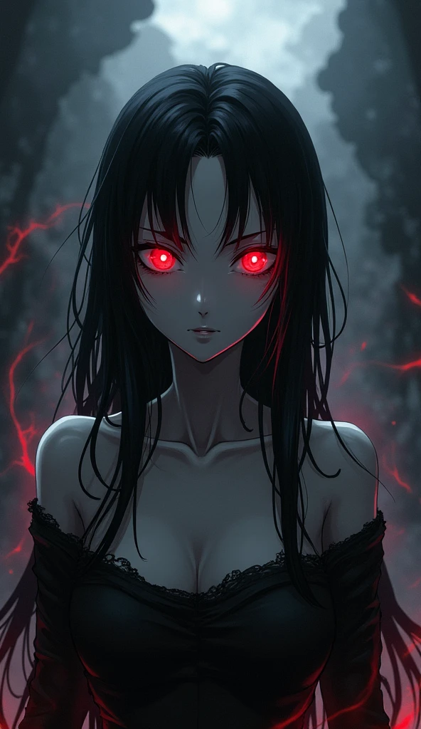 long black hair bangs red eyes big white skin in the anime my hero academia