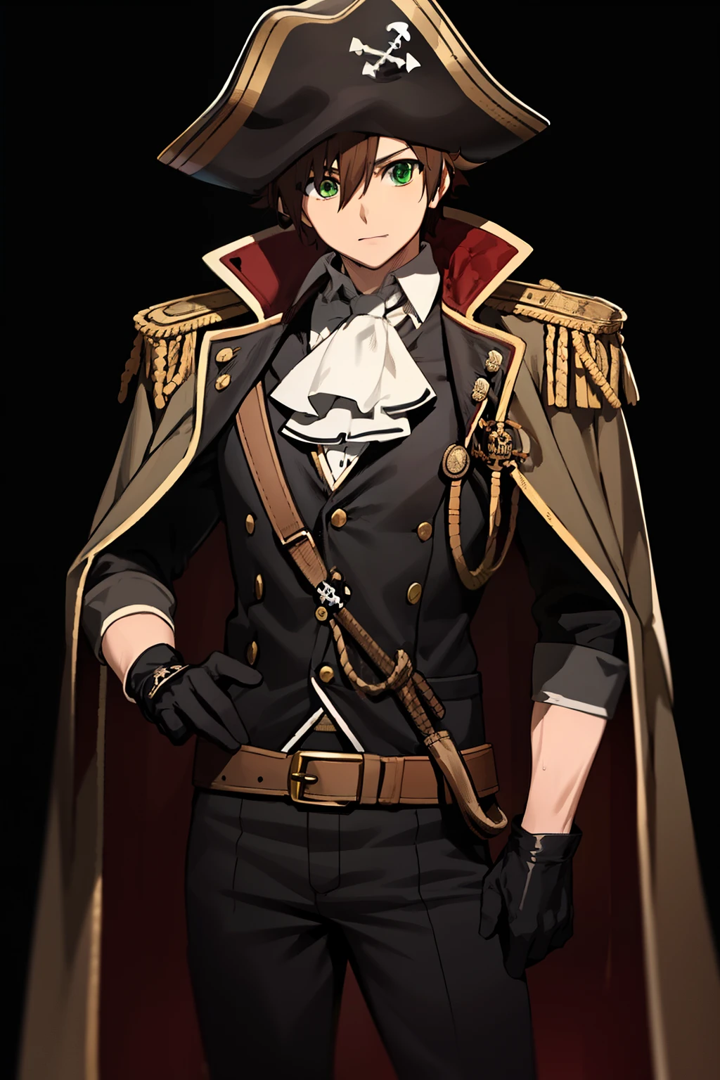 masterpiece, best quality, high quality, 1boy, solo, male focus, looking at viewer, Tatsumi, brown hair, green eyes, muscular body, (black pirate costume), long-coat, epaulettes, ascot, belt, black pants, gloves, (black wide-brim pirate hat), simple dark background