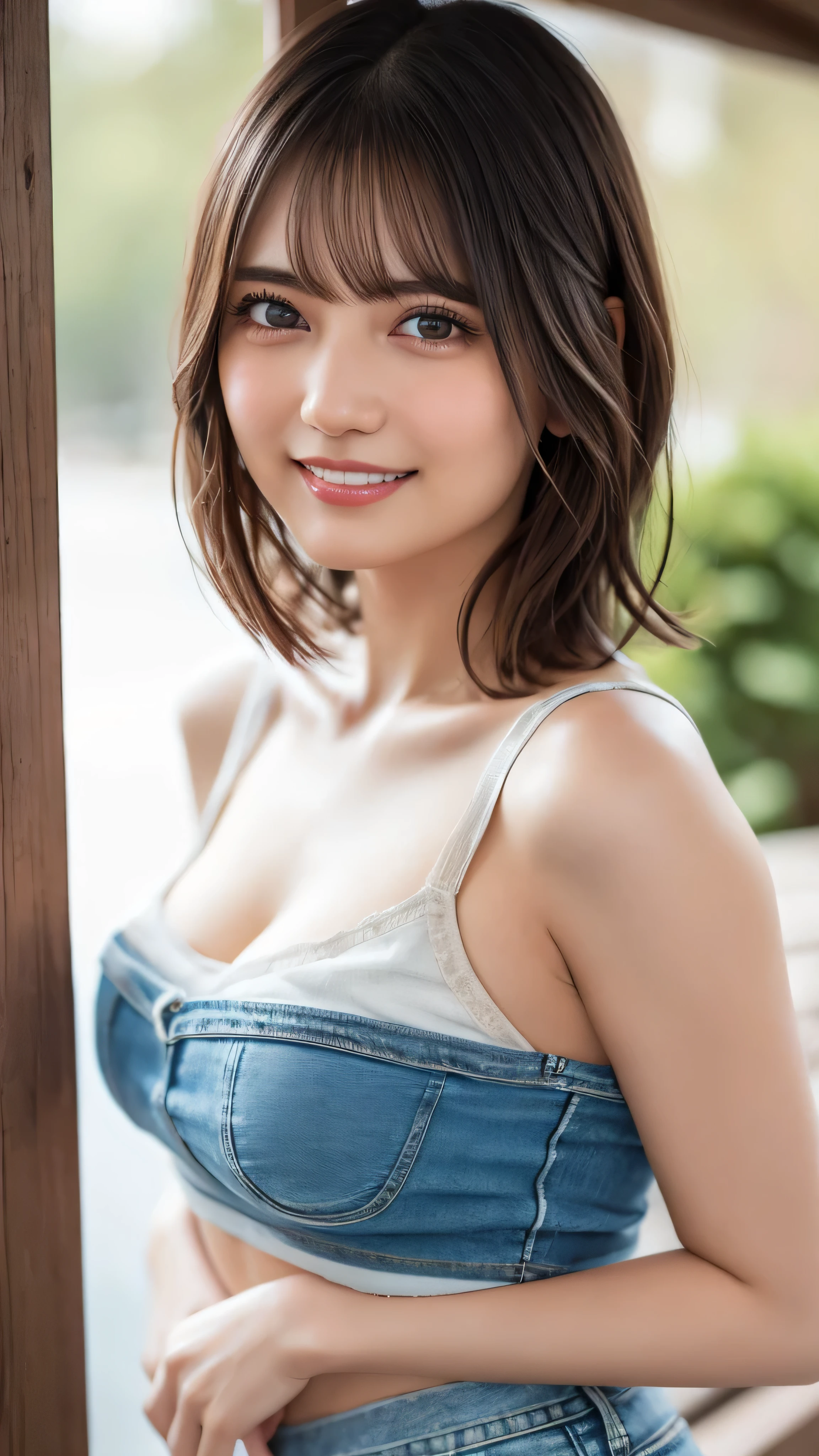 (Tabletop, Highest quality, High resolution, , Pixel Perfect, 4K,), 1 girl, single, alone, Beautiful woman、I could see the whole body、 ((Side mowing:0.8、Short Bob Hair, bangs, Brown Hair)), ((Brown eyes, Beautiful eyelashes, Realistic eyes)), ((Detailed face, blush:1.2)), ((Smooth texture:0.75, Realistic texture:0.65, Realistic:1.1)), Mid-chest, Dynamic Angle, Perfect body, ((Belly-baring T-shirt、Low rise denim、A shy smile)), Excellent、evening、Bring your arms together to emphasize your chest、Big Breasts