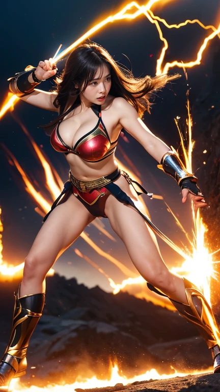 ((Highest quality、8k、masterpiece:1.3))、Realistic, Sharp focus, High resolution, High resolution,  alone, Full body photo、Japanese, Beautiful woman,Bikini Armor、Unleashing Power、Explosive Energy、thunder、Kamehameha