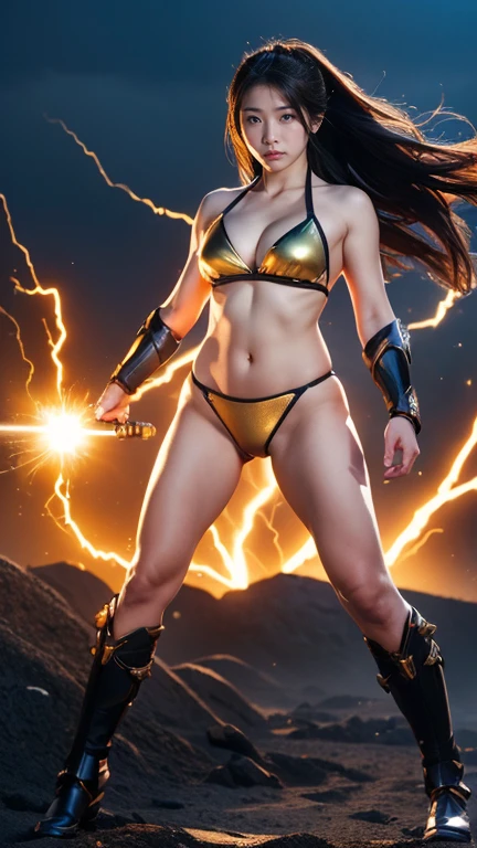 ((Highest quality、8k、masterpiece:1.3))、Realistic, Sharp focus, High resolution, High resolution,  alone, Full body photo、Japanese, Beautiful woman,Bikini Armor、Unleashing Power、Explosive Energy、thunder、Kamehameha