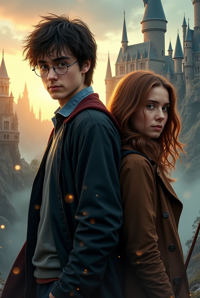 La imagen de Harry potter, Ron and Hermione hugging with a background of the last battle of Hogwarts