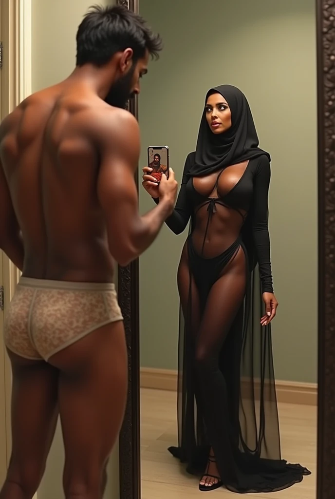 A Rich billionaire chad is changing his clothes in his room, his sexy hot hijabi muslim maid enters the room for cleaning. She sees the billionaire man naked with his erect uncircumcised penis.