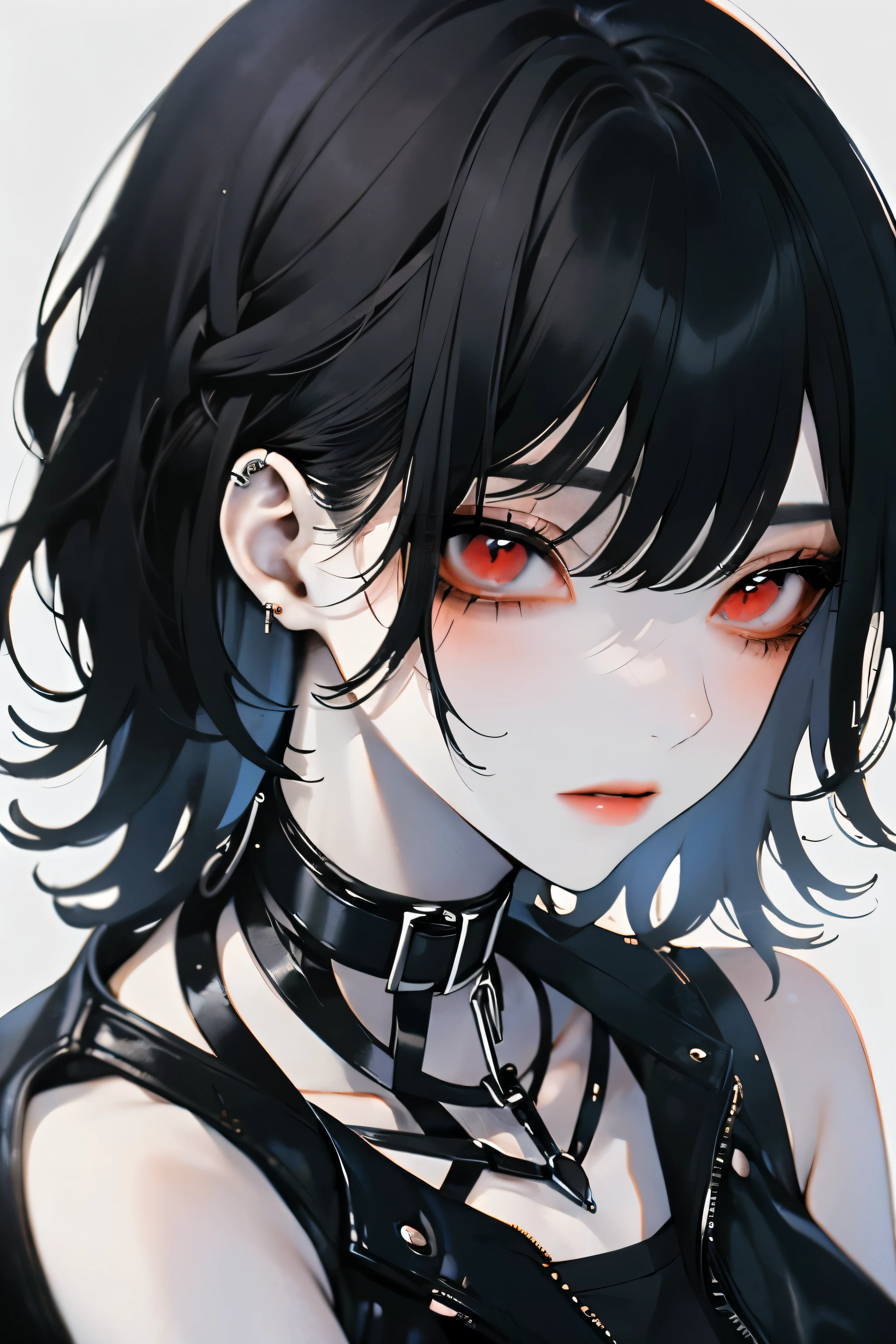 「With a modern cyberpunk aesthetic、Create detailed digital illustrations of young, edgy female characters。She has short black hair、With red eyes、She is wearing a black leather jacket over a bold white tank top.。She also、With a black choker around his neck、The overall look is sharp and stylish。The background is minimalist、It accentuates her striking appearance。The character should have a strong and mysterious expression.、The art style must be sophisticated and dynamic.、It must capture the essence of futuristic urban fashion.。