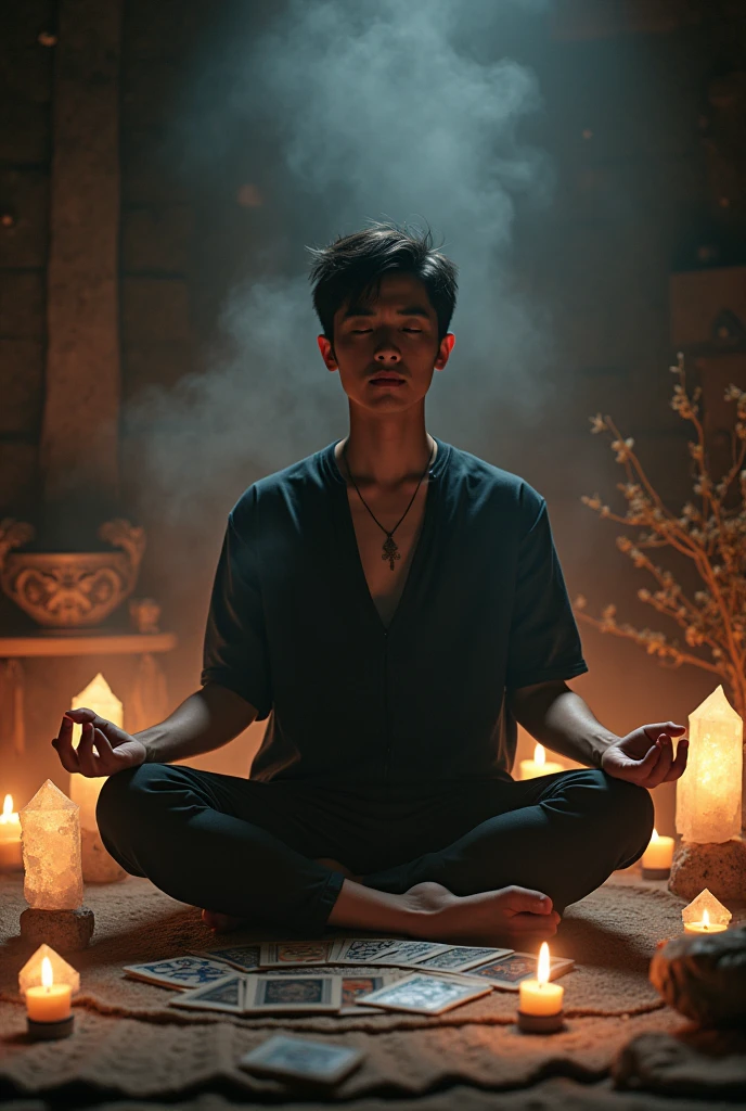 A cinematic figure in meditation, surrounded by natural elements and lighting symbols, transmitindo a ideia de profundidade, Self-conscious reflection