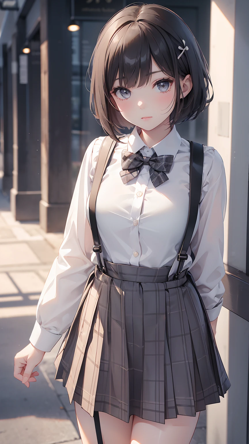 1 girl, Solo, Cute Girl, 150 cm, Best Quality, Ultra-detailed, 8K, High resolution, Detailed face, dark brown hair, bob hair, (((tareme:1.5, downer))), (((school uniform, white collared shirt, bowtie, pleated skirt, gray skirt, plaid skirt, long skirt, white socks))), 60cm length, short hair, (suspenders skirt:1.4)