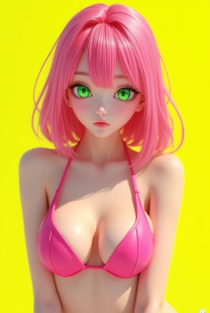 young woman, short shoulder-length pink hair, wide forehead, porcelain skin, pink eyebrows, big emerald green eyes, buttoned nose, full lips, heart-shaped face, slender body, small round breasts, red bikini top, Sakura Haruno , ultra realistic, realism, details, 3d, well detailed