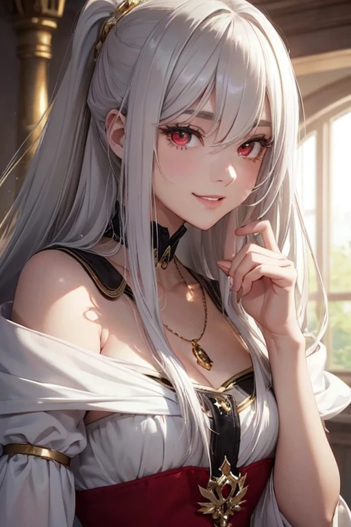 (Highest quality, masterpiece:1.2), High resolution, Very detailed, Realistic:1.37, Fantasy, An illustration,Gray Hair、 Red eyes、Queen, White Dress、Platinum decoration、beautifully、Eyeshadow Red、Thick eyebrows、Long eyelashes、pupils are black、shiny on the lips、Top Sites、Queen、Princess、ponytail、A kind smile、Show your teeth a little and smile、Soft impression、people々々々々々々々々Loved by、Slimming the face、Shoulder Bare、sexy、