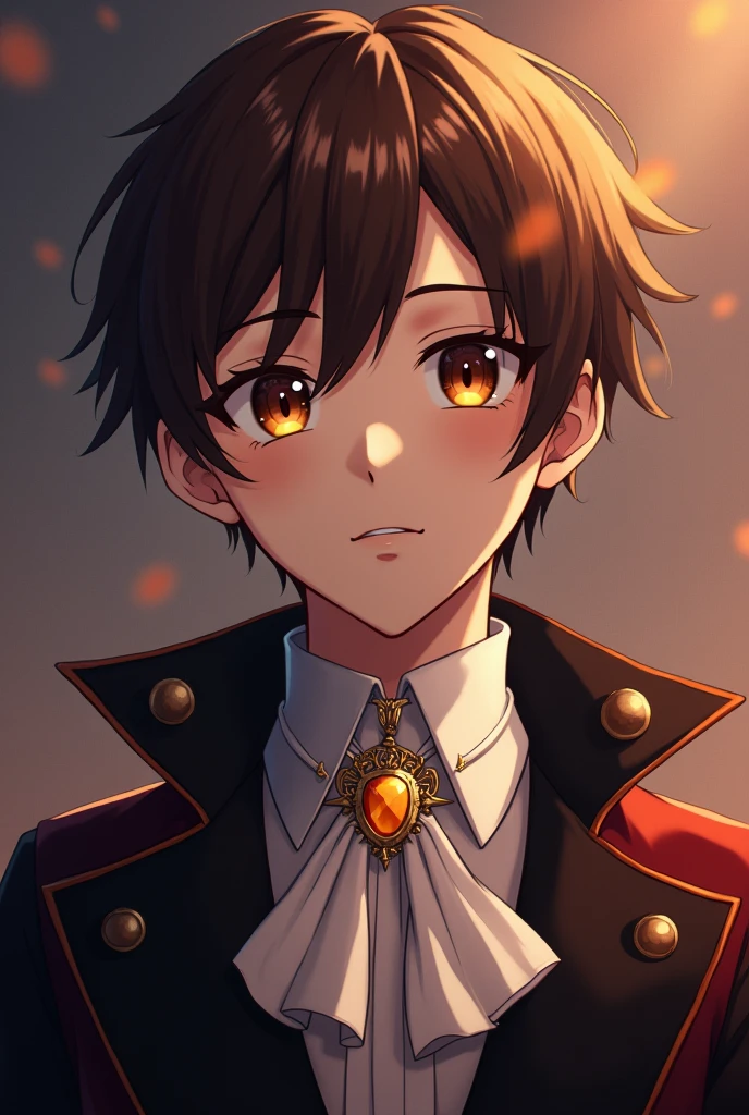 A boy man knight with brunette hair, brown eyes, and a birthmark stretching from his left eye to his upper lip. Pale skin. Sharp jawline. Stubble on chin. Narrow eyes. Eyebags