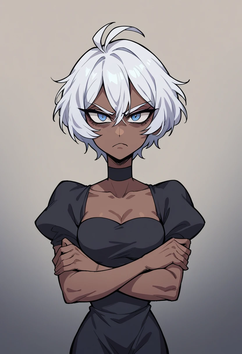 dark-skinned woman, shiny black dress, blue colored eyes, short white hair,Arms crossed  Bunda grande ,From the front, alluring face, Serious face 