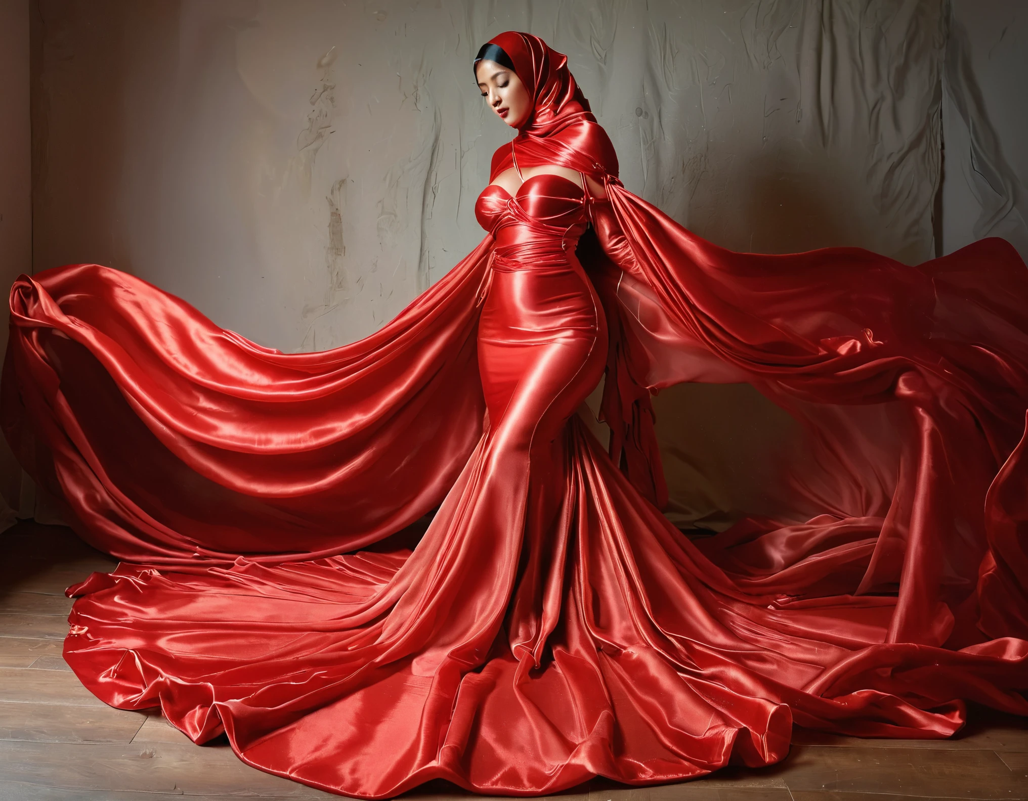 A woman shrouded in a 10-meter-long, plush red semi transparent satin shimmer cloth, slim body with big breast, tightly bound and grandly draping along the form of her body, flowing off into a pooled floor-length train, styled in a mermaid-inspired outfit, her head modestly veiled in a satin hijab, tall woman, strugle to move, standing in photo studio, a full-body pose conveying a sense of mysterious elegance, captured in a 4k resolution, ultra-realistic