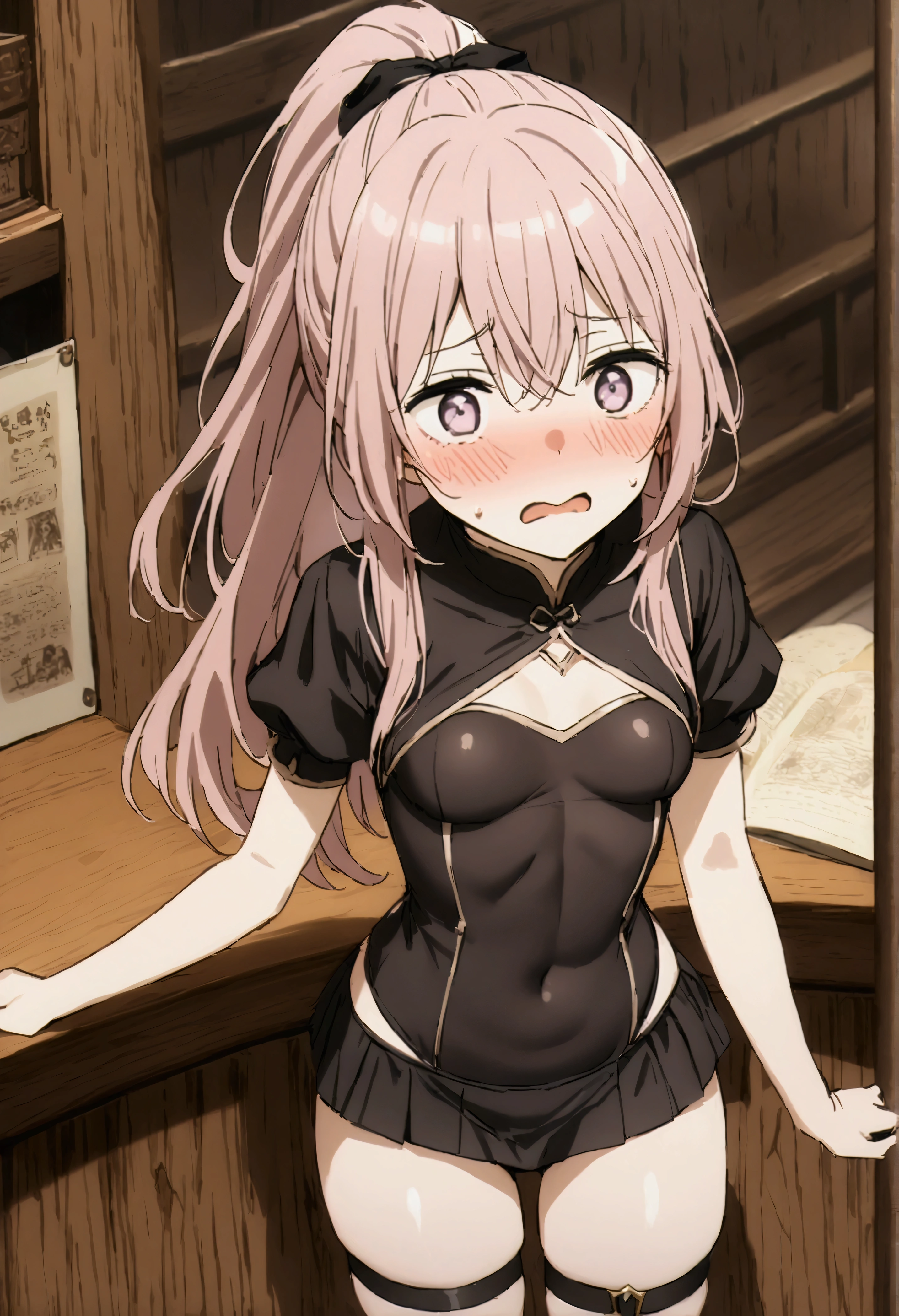 NSFW,masterpiece,Highest quality,High resolution,Very detailed,Dried gauze leaves\(The Doll Falls in Love),Pink Hair、Long Hair、Lavender eyes,ponytail,ribbon,leotard,mini skirt,Thigh straps,Knee-high boots,Small breasts,Wizard,Fantasy World,Adventurer&#39;s Guild,Reception counter,Embarrassed,blush,is nervous