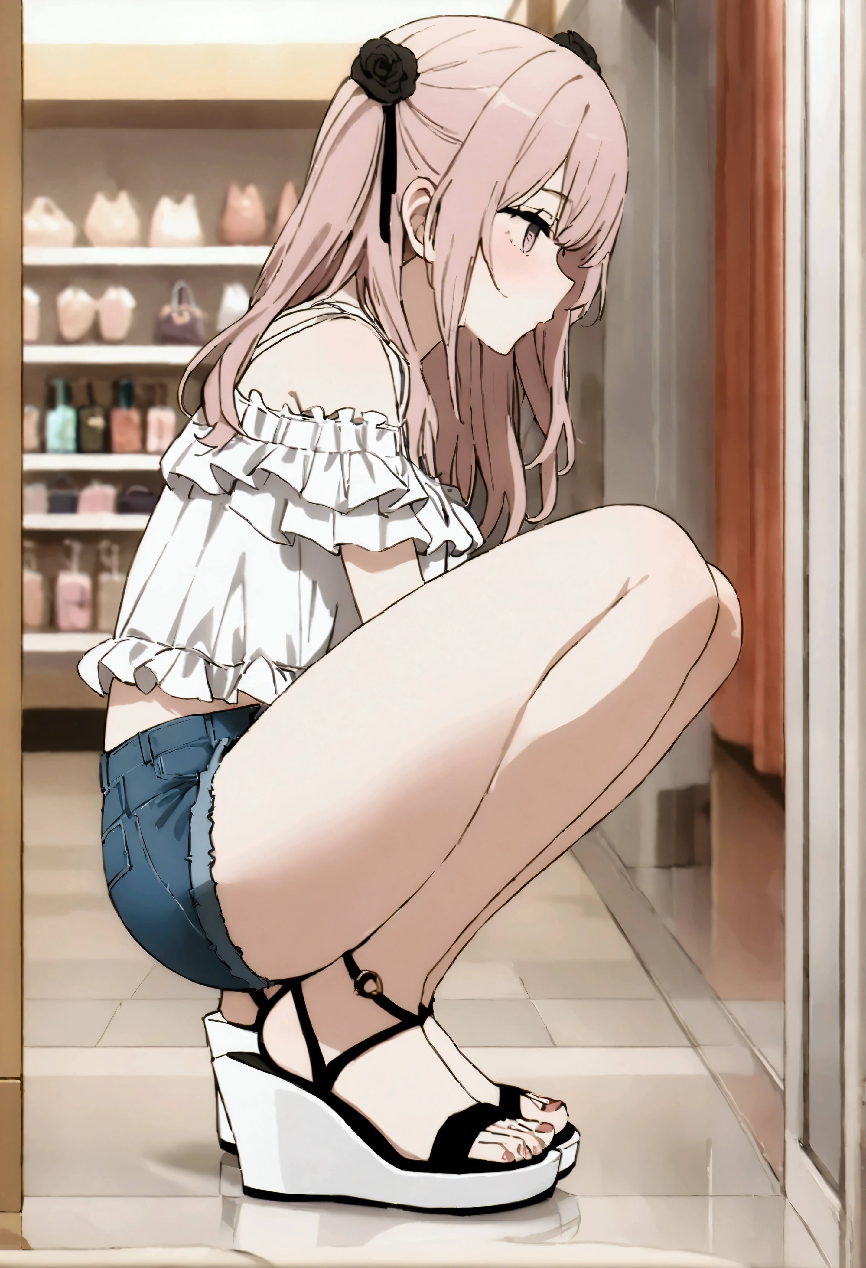 NSFW,masterpiece,Highest quality,High resolution,Very detailed,Dried gauze leaves\(The Doll Falls in Love),Pink Hair、Long Hair、Lavender eyes,Two Side Up、Hair Flowers、Black Rose,Frilled shirt,Off the shoulder,Denim shorts,High-leg denim,Heeled Sandals,Shoulder bag,Shopping mall,Lingerie Shop,Underwear section,squat,From the side