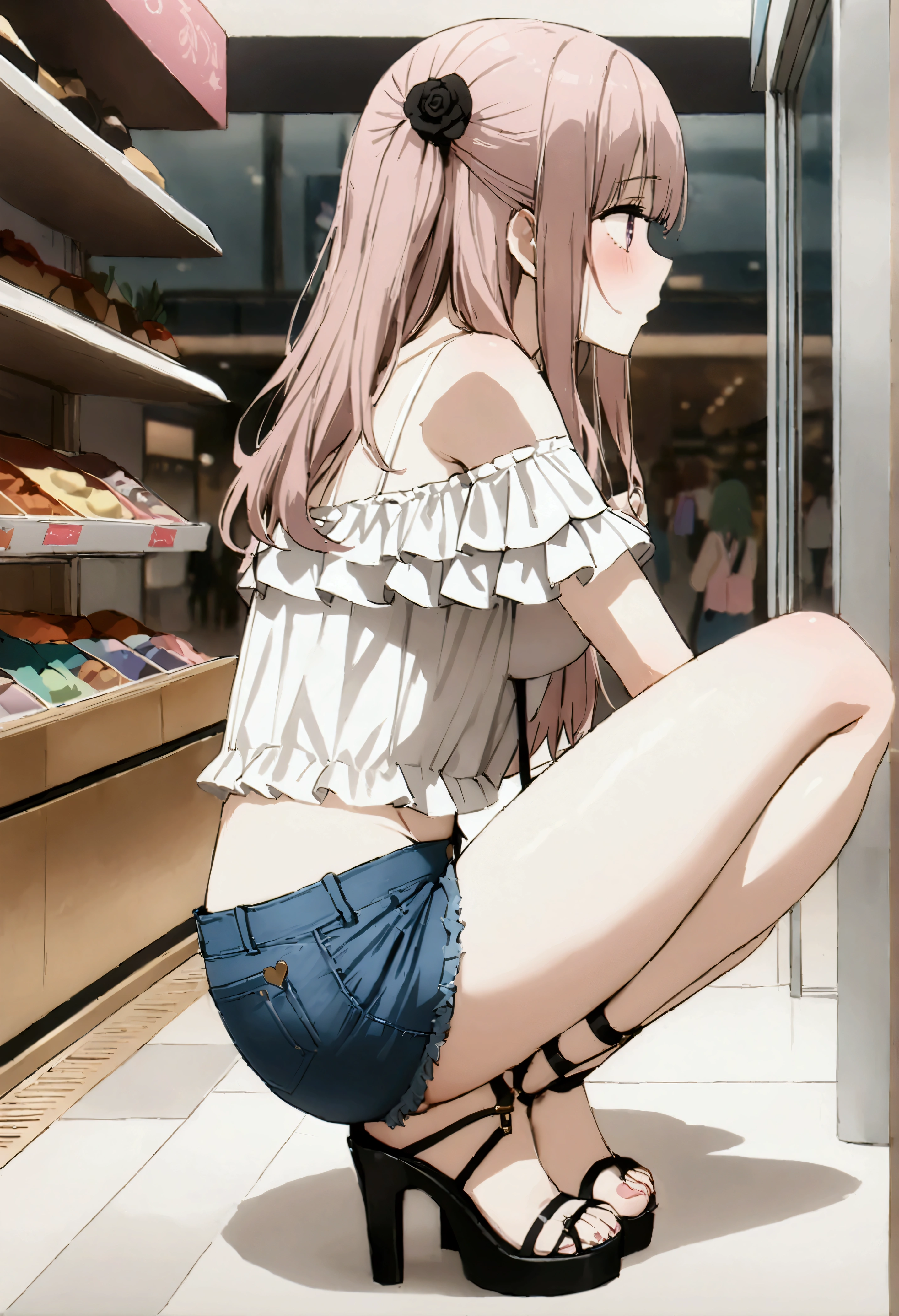 NSFW,masterpiece,Highest quality,High resolution,Very detailed,Dried gauze leaves\(The Doll Falls in Love),Pink Hair、Long Hair、Lavender eyes,Two Side Up、Hair Flowers、Black Rose,Frilled shirt,Off the shoulder,Denim shorts,High-leg denim,Heeled Sandals,Shoulder bag,Shopping mall,Lingerie Shop,Underwear section,squat,From the side