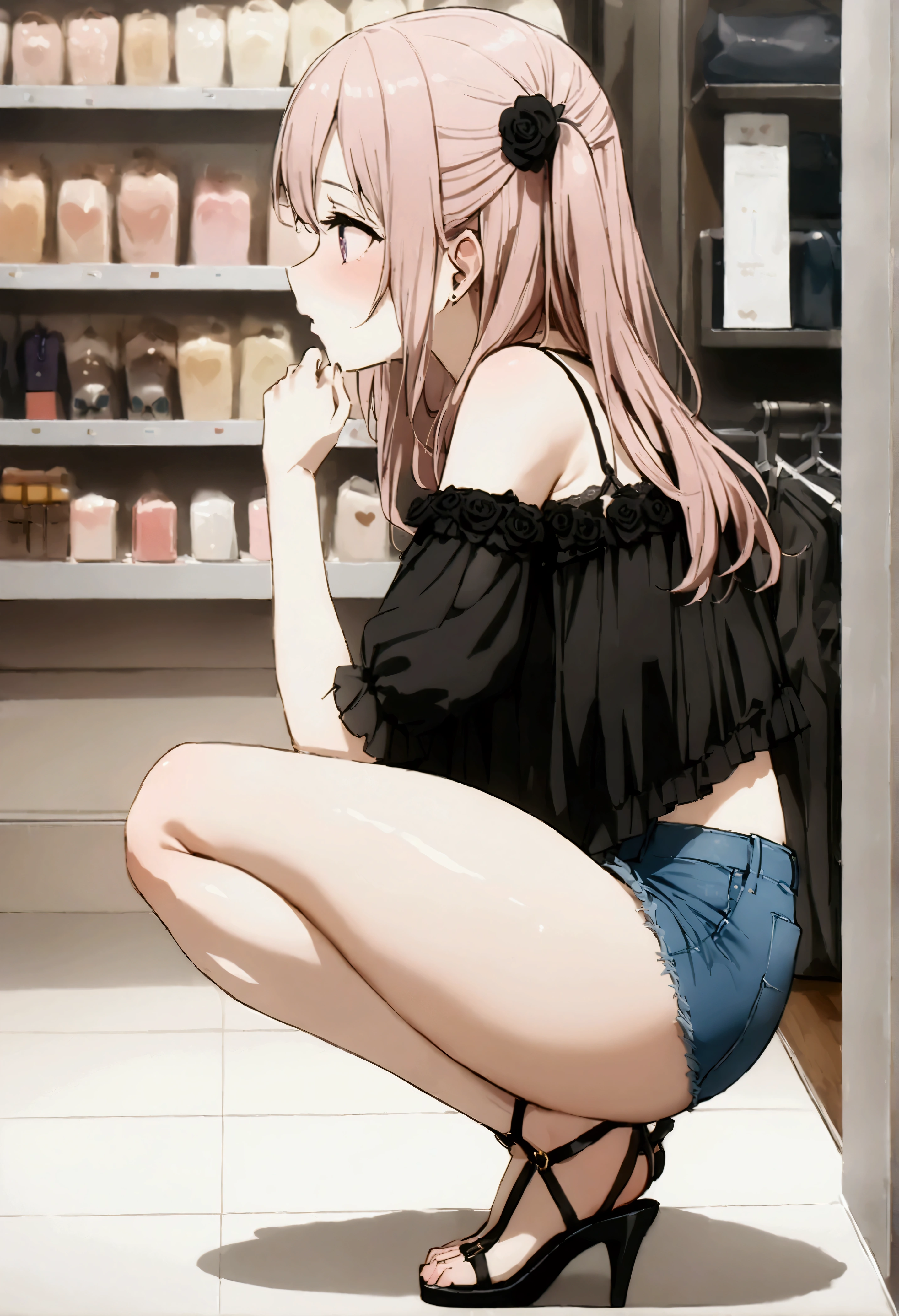 NSFW,masterpiece,Highest quality,High resolution,Very detailed,Dried gauze leaves\(The Doll Falls in Love),Pink Hair、Long Hair、Lavender eyes,Two Side Up、Hair Flowers、Black Rose,Frilled shirt,Off the shoulder,Denim shorts,High-leg denim,Heeled Sandals,Shoulder bag,Shopping mall,Lingerie Shop,Underwear section,squat,From the side