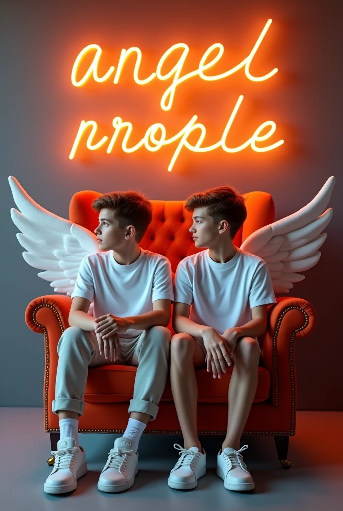 ) Create a 3D illusion for a profile picture where a 2 cute boy in a white shirt Sitting
casually on a Wingback chair. Wearing
sneakers, he looks ahead. The background features "TDM➿FILE" in big and capital
Orange neon light fonts on the dark grey wall.
There should not be his shadow, and there are wings to make it appear as fi he is an angel.