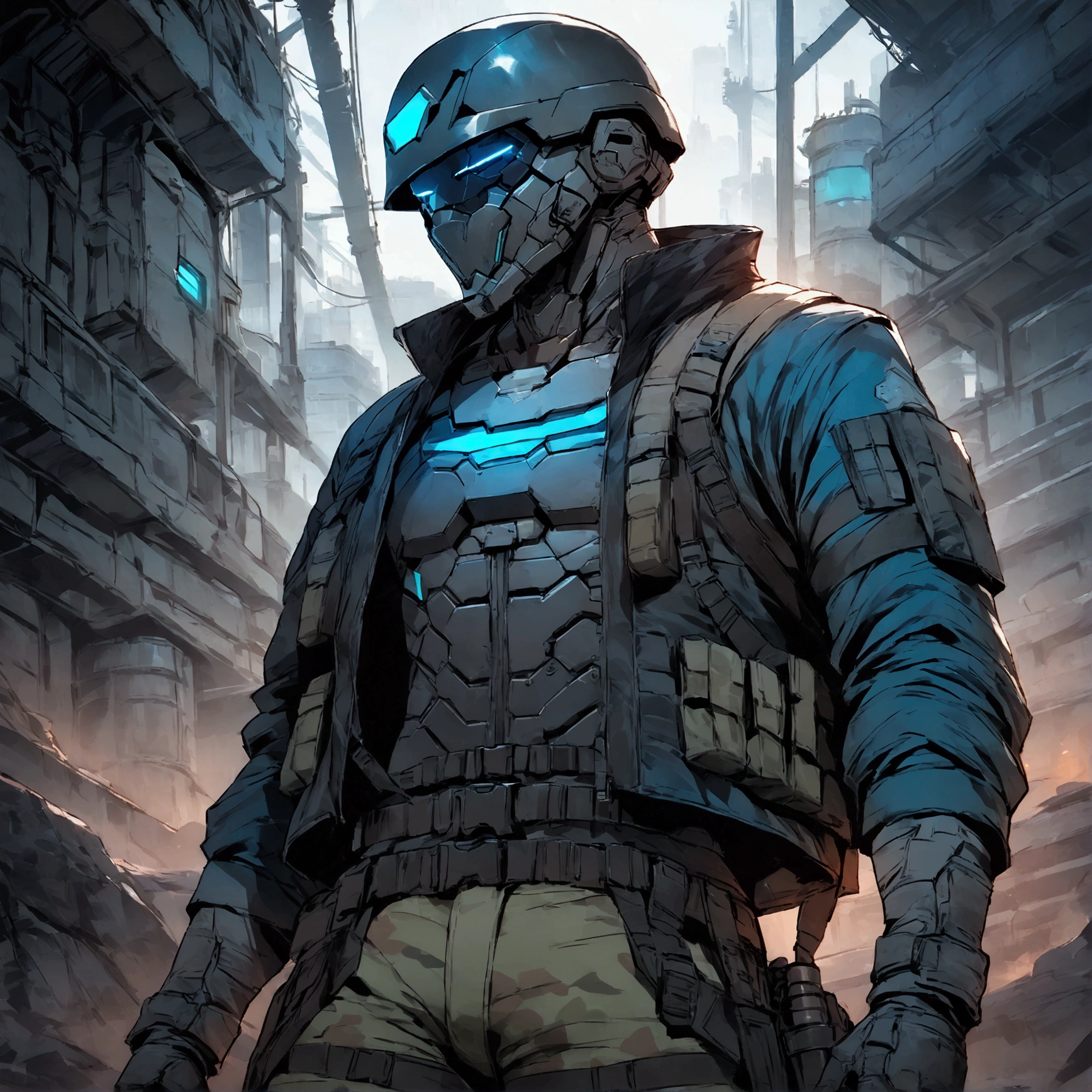 high detailed, Male, full-face helmet. matte black helmet with a smooth curved surface, plain helmet, black bodysuit with armored shirt. webbing rig, MultiCam Camouflage pants, V shaped lenses, blue lenses, Black and blue jacket, Open jacket, mercenary, black jacket, cyberpunk, tactical soldier, Cyberpunk gear, tactical gear, Cyberpunk style, silver jacket_details, Industrial background. industrial setting with metallic pipes and machinery, creating a sense of a dystopian or sci-fi environment. Half body view, Dark green pants