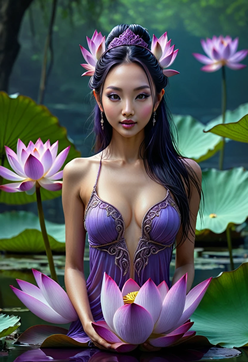Full body, wide angle, double exposure, beautiful Thai-Korean woman, beautiful eyes, 20 years old, long straight hair, blue, purple, pink, wearing traditional Thai clothes all over. Made from short, clear silk, clearly inspired by traditional Thai clothing, her outfits are an organic blend of flowers. Multi-colored, soft light and crystal glass Swirling around her body, the Thai-style Naga background (naga of anaconda) is very large. She and Many flowers surround her beautifully, highest resolution and sharpness, professional realistic, smooth, 3D, 4K,1080 HP,unreal engine 5+realistic