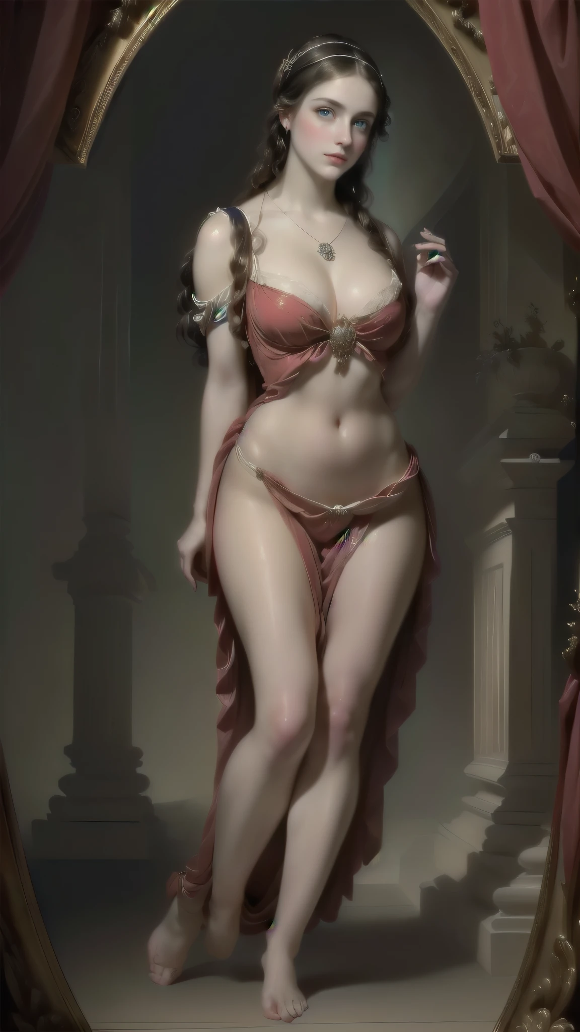 a close up of a woman in a dress with a necklace on, very beautiful portrait, renaissance digital painting, realistic renaissance portrait, gorgeous digital painting, beautiful fantasy art portrait, inspired by Franz Xaver Winterhalter, baroque digital painting, beautiful gorgeous digital art, elegant lady with alabaster skin, beautiful portrait oil painting, oil painting of realistic woman, detailed beauty portrait, (full body:1.8), (upper body up:0.3), (hyper realistic:1.4), (realistic:1.3), (best quality real texture skin), Detailed eyes, detailed face, PERSEPHONE, (SFW:1.5), Hyperrealistic, huge saggy breasts, perfect legs, perfect legs, pernas added, pernas added e perfeitas, turned legs, shapely thighs, pernas added, Smooth Thighs. (erotic pose:1.5), (thick eyebrows:1.2), (big purple eyes:1.2), (ultra detailed eyes:1.4), (high resolution eyes:1.1), (ultra detailed skin texture:1.4), (Beautiful toned body:1.1), headband, (Moist skin:1.1), (sensual face:1.5), elegant lady with alabaster skin, realistic renaissance portrait, portrait of princess, pale porcelain white skin, rococo queen, inspired by Franz Xaver Winterhalter, renaissance digital painting, porcelain pale skin, renaissance portrait, gorgeous woman, in a high renaissance style, baroque digital painting