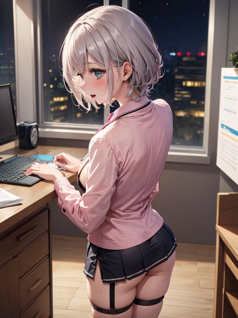 ((Highest quality)), ((masterpiece)), (detailed), woman,Age 20,Office Lady,Pink Uniform,(Pink Suit),(Open the front of your shirt),(mini skirt),Big Breasts,blush,Underbust,(Her cleavage is visible),(Excited expression),(Seduce),night,Health Room,bed,Dim lighting,(Dark Room),(Moonlit room),(薄Dark Roomで),(In a messy room),Browsing Caution,sexy,dirty,Sweat,(Black garter belt),(Stick your butt out),(Place your hands on the table and turn your back),(lean forward to emphasize the chest),short hair