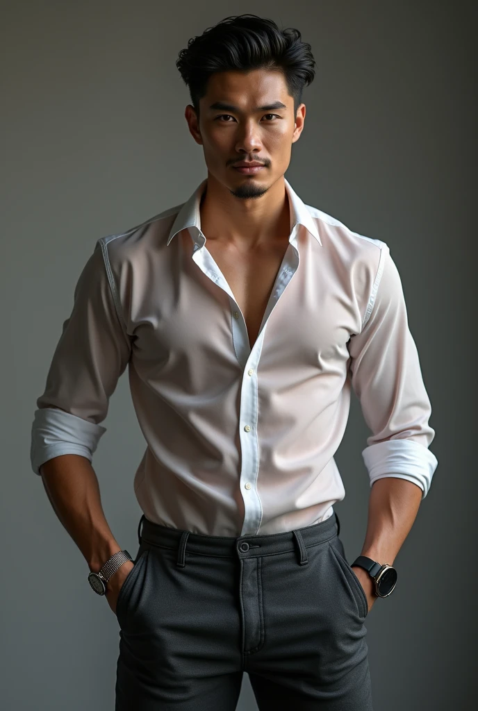 homme asiatique(coréen,vietnamien,Chinois,Japonais), 20 ans, beau et élégant,Imberbe, Porter une chemise transparente, sexey , masculin et beau，musclé，Les muscles ont l&#39;air bien，corps poilus, avec une peau claire,, photo du corps entier,(ultra-détaillé, Photoréaliste, Meilleure qualité, 4k, 8k, haute résolution, chef-d&#39;œuvre:1.3), charmant  , (corps musclé), portant une chemise brillante sur mesure, avec le bouton du haut défait avec désinvolture, pantalon anthracite parfaitement ajusté, Transpirer, déboutonner les boutons de la chemise, visage obscène ,la poitrine serrée, sexe, érotique, corné,  Les accessoires incluent une montre-bracelet de luxe , dans des endroits bondés,regarder le spectateur,veines musculaires, sexey posing,allongé sur le sol,vue de dessus,Une chemise mouillée révèle des muscles,pas de sous-vêtements,sourire obscène