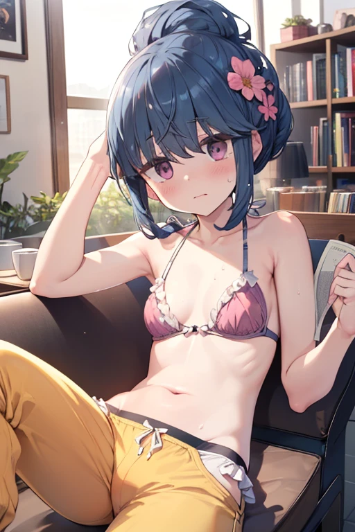 (((nsfw))), (((Coffee shop))), pink nipple, Close-up of face, bookstore, indoor, legs up, , Shima Rin, yuru camp, Shima Rin, ((Waking up, Feeling overlaid)), snore, Taking a nap, Sleep, Wrist pillow, (((Cute sleeping face))),  kawaii, ****, small breast, (Gorgeous floral hair ornament), , , Swim ring,  (((Pink Bikini, Ruffled swimwear bra, Ruffled bikini pants))), Detailed depiction of nipples,  , cute, Sweat, (masterpiece, Highest quality, 8K ultra-high resolution:1.4), Written boundary depth, Focus of the film, From a dramatic angle, Emotional composition, Emotional engine full throttle BREAK Young and cute, Slender body, Flat Chest, Provocative, ((Embarrassed face)), Expressions of affection, Highly detailed glossy skin,Sweat,  topless, Exposed breasts, Shorts, Wet and shiny thighs,
ultra detailed crystal eyes, Eyes like shining jewels