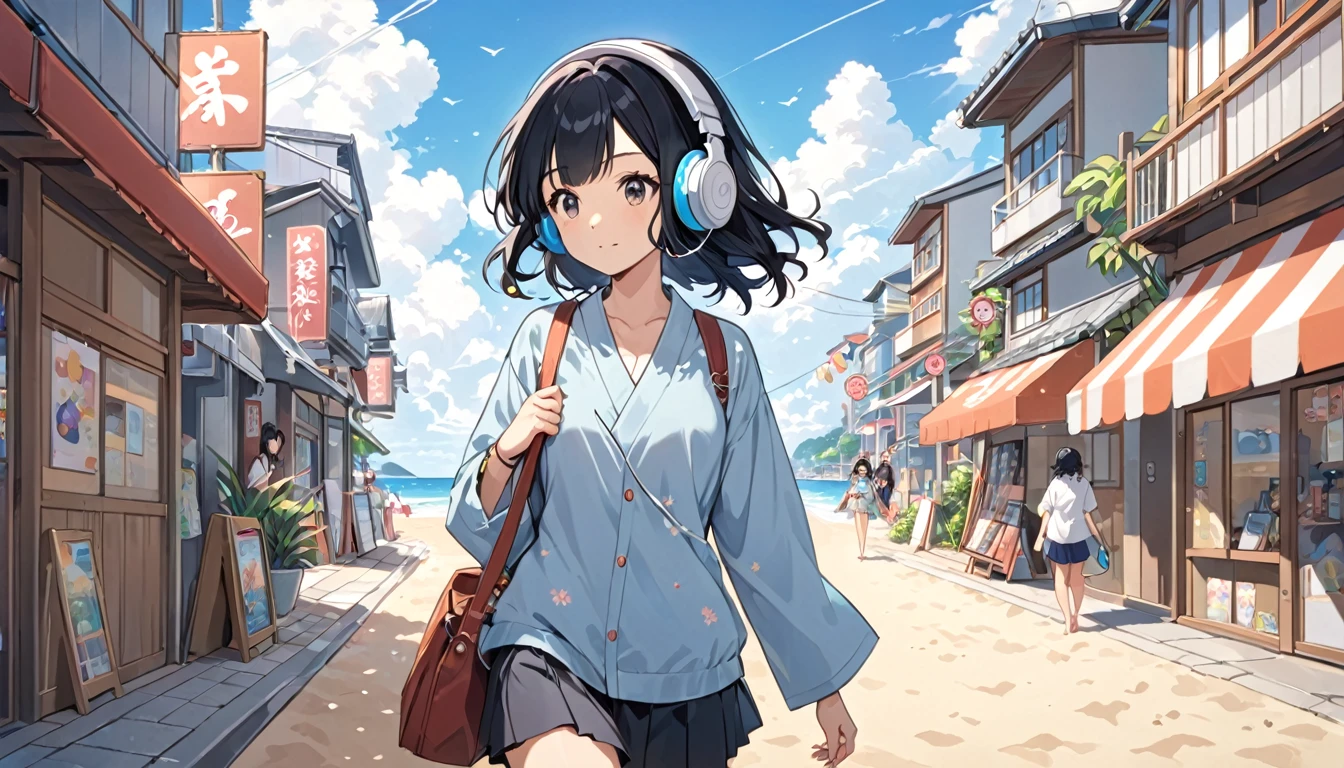 A woman with black hair and cute clothes strolling along the beach,Streetscape、Listening to music with headphones、Japanese