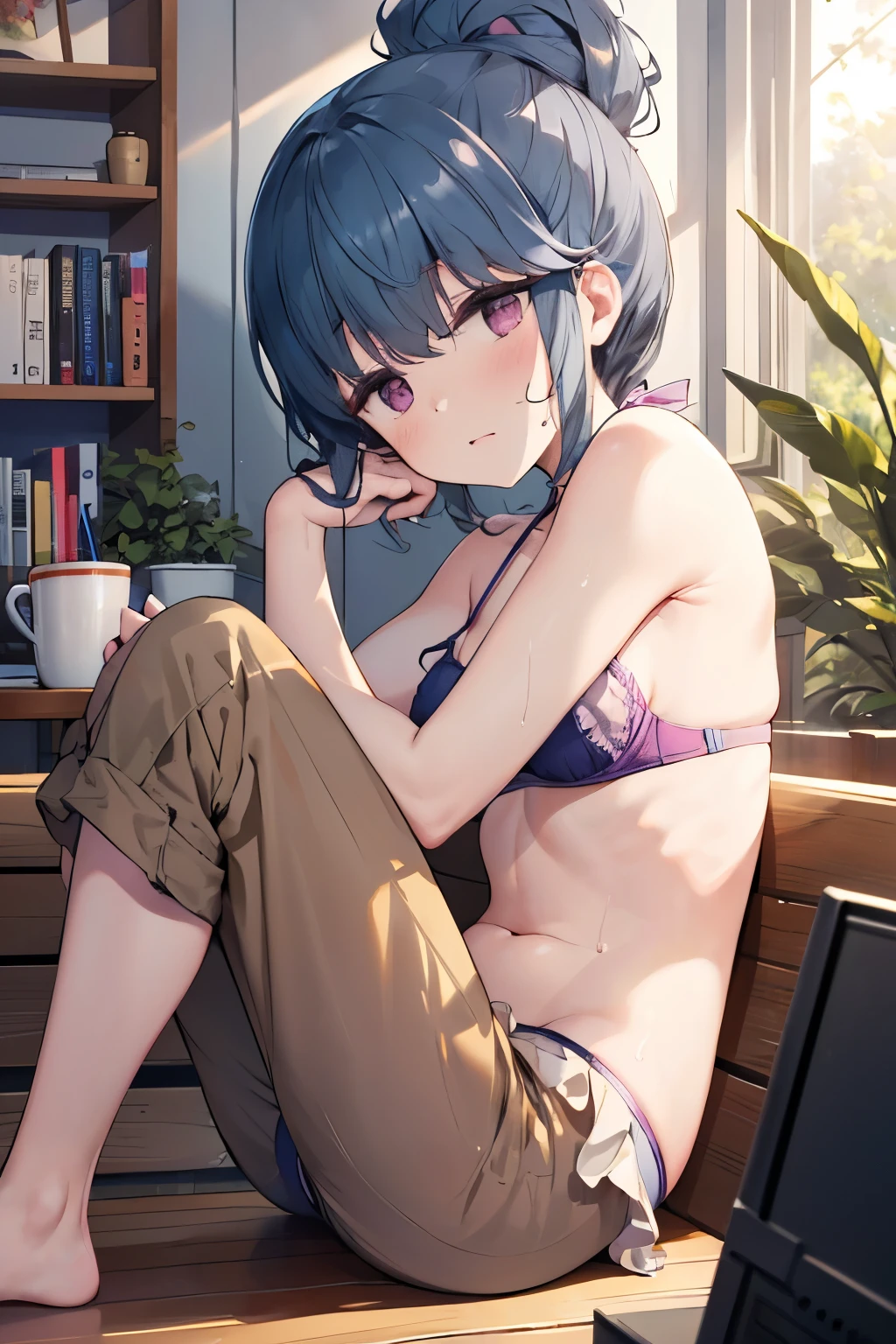 (((nsfw))), (((Coffee shop))), pink nipple, Close-up of face, bookstore, indoor, Chair, legs up, , Shima Rin, yuru camp, Shima Rin, ((Waking up, Feeling overlaid)), snore, Taking a nap, Sleep, Wrist pillow, (((Cute sleeping face))),  kawaii, ****, small breast, (Gorgeous floral hair ornament), , , Swim ring,  (((Pink Bikini, Ruffled swimwear bra, Ruffled bikini pants))), Detailed depiction of nipples,  , cute, Sweat, (masterpiece, Highest quality, 8K ultra-high resolution:1.4), Written boundary depth, Focus of the film, From a dramatic angle, Emotional composition, Emotional engine full throttle BREAK Young and cute, Slender body, Flat Chest, Provocative, ((Embarrassed face)), Expressions of affection, Highly detailed glossy skin,Sweat,  topless, Exposed breasts, Shorts, Wet and shiny thighs,
ultra detailed crystal eyes, Eyes like shining jewels