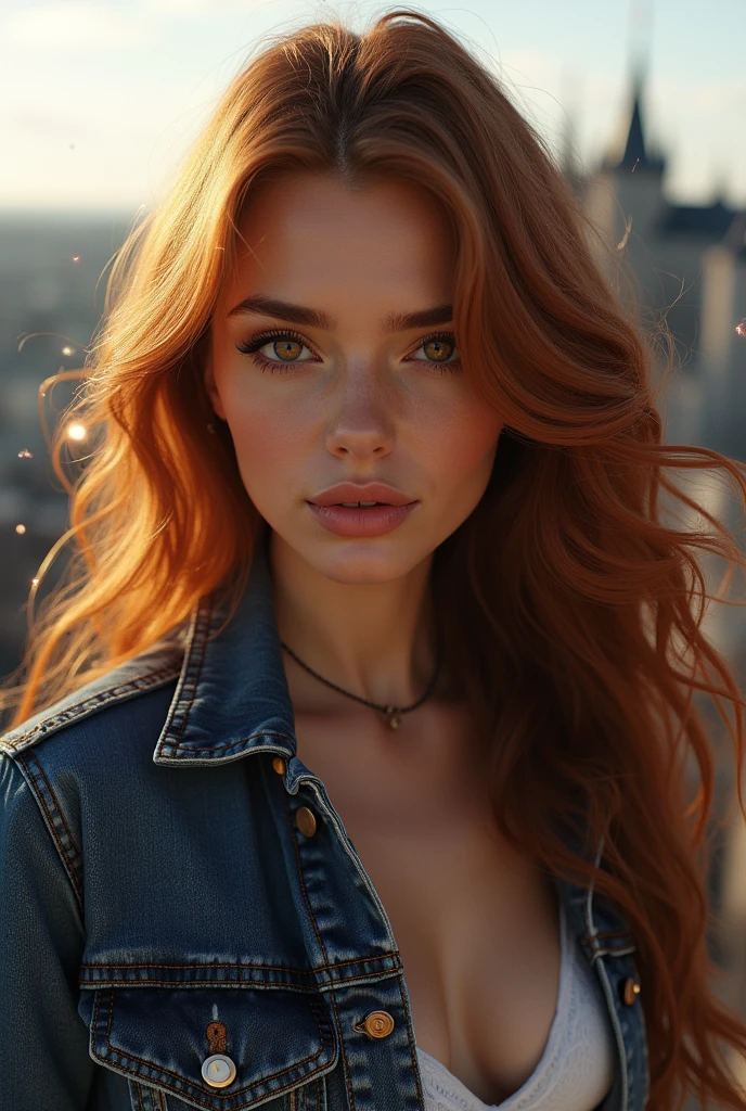 Beautiful woman with red curly hair and freckles on her face, extremely high quality RAW color photo with high detail, romantic mood, Canon EOS R5 effect, soft lighting, warm tones, depth of field effect, eye contact, wearing leather clothes in steampunk style, against a wall, detailed facial features, background lighting, bokeh, emotional depth, shine and radiance of the skin