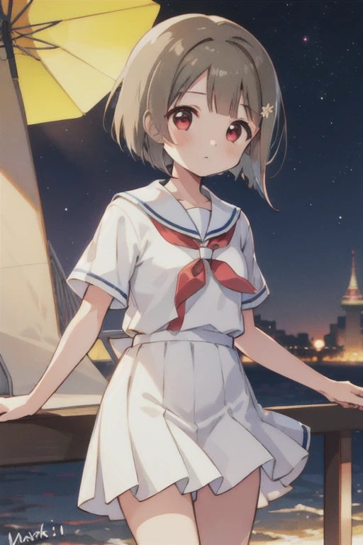 (Highest quality，masterpiece)，One Girl, alone, Anime screenshots，Ray Tracing，Global Illumination，ultra hi resolution picture，Bright colors，Written boundary depth，cute，night，Tan Hair，Bobcut，short hair，ワンレングスBobcut，Asymmetrical hair，Long left hair，Red Eye，Kasumi Nakasu，Sailor suit，warship，salute