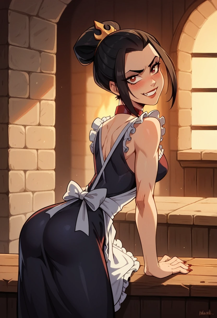 azula, alone, 1girl, Beautiful, Best Quality, extremely detailed face, perfect lighting, From behind view, looking back, bending over inside a Tavern, Adding wood to a fireplace, stone fireplace, cute, jawline, athletic body, perky cleavage, mascara, Wide Smile, maniacal, fang, teeth, blushing, blushful, Collar, tight clothes, thin clothes, sleeveless, low cut shirt, tank-top, apron, maid, barmaid, barmaid outfit, daytime, soft light