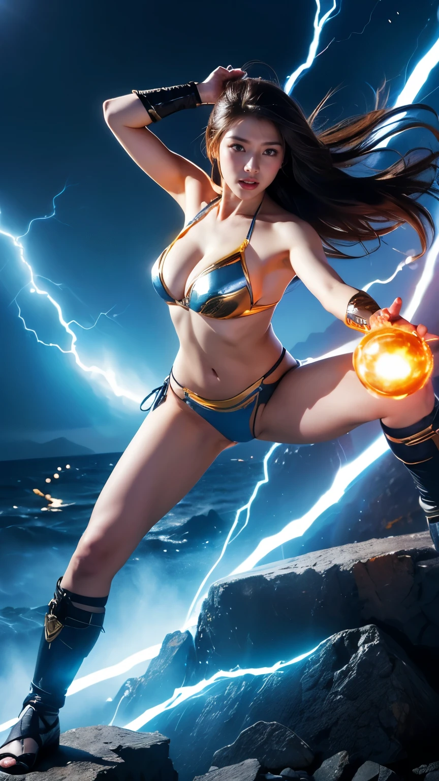 ((Highest quality、8k、masterpiece:1.3))、Realistic, Sharp focus, High resolution, High resolution,  alone, Full body photo、Japanese, Beautiful woman,Bikini Armor、Unleashing Power、Explosive Energy、thunder、Kamehameha