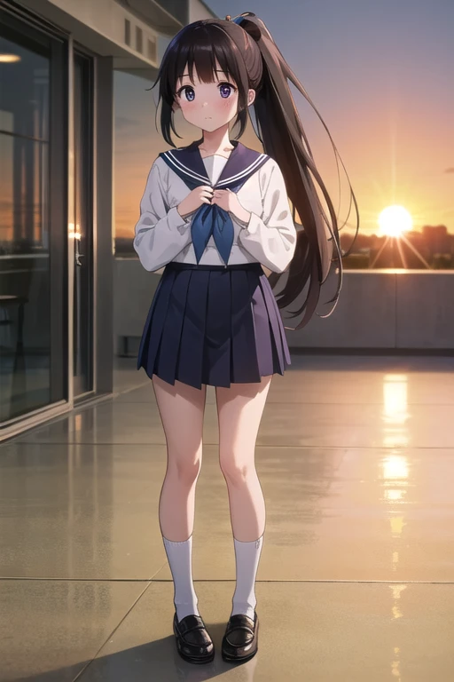 masterpiece,One girl,,blush,sunset,classroom,(Good luck) Clenched hands, Viewer looking up Chitanda Eru,Shining Eyes,close,Long Hair，whole body，Sailor suit，mini skirt，whole body，Navy blue sailor ribbon，ponytail