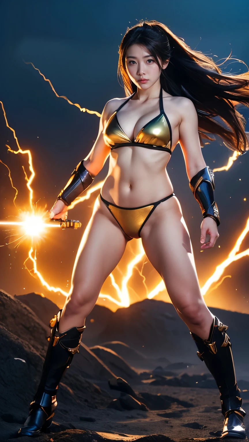 ((Highest quality、8k、masterpiece:1.3))、Realistic, Sharp focus, High resolution, High resolution,  alone, Full body photo、Japanese, Beautiful woman,Bikini Armor、Unleashing Power、Explosive Energy、thunder、Kamehameha