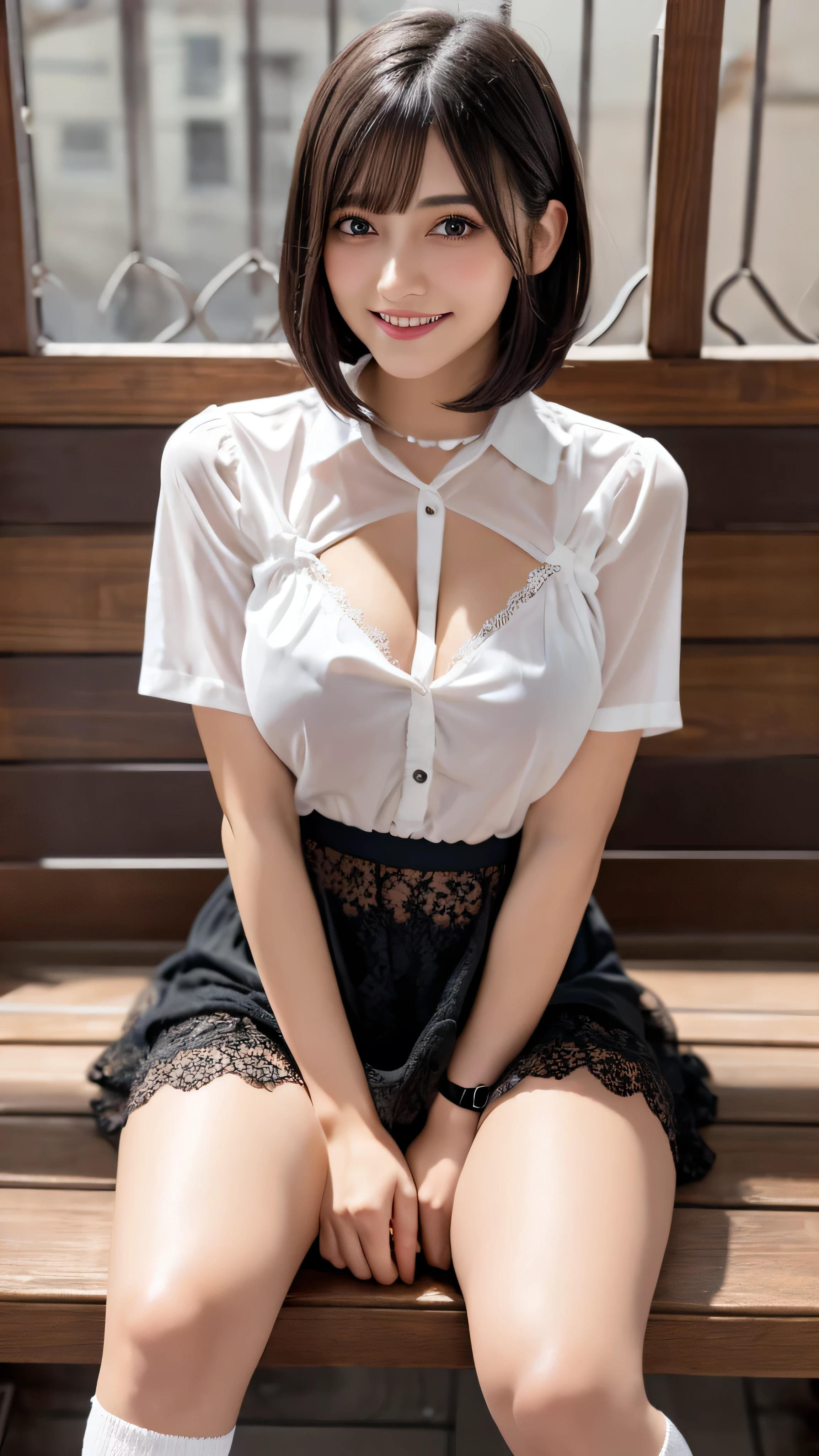 table top、highest quality、shape、 Super detailed、finely、 High resolution、8k wallpaper、完璧なダイナミックな構shape、14 year old pretty girl、detailed beautiful face、detailed cute eyes、smooth skin、modest smile、short hair、bob cut、big breasts、summer clothes、white blouse、No bra、Nipple potch、I can see the nipples、Mini Cart、very short skirt, pleated skirt, (((stand with legs apart)))、whole body、135mm lens、short sleeve、loose socks、black loafers、leather shoes、lift up the skirt、(((raise the hem of the skirt)))、(((not wearing pants)))、I can see your crotch、(((shaved pussy)))、Hairless、(((genitals visible)))､open your legs wide､spread your legs、(((the skirt is turned up)))、立っているwhole bodyの写真、thick legs