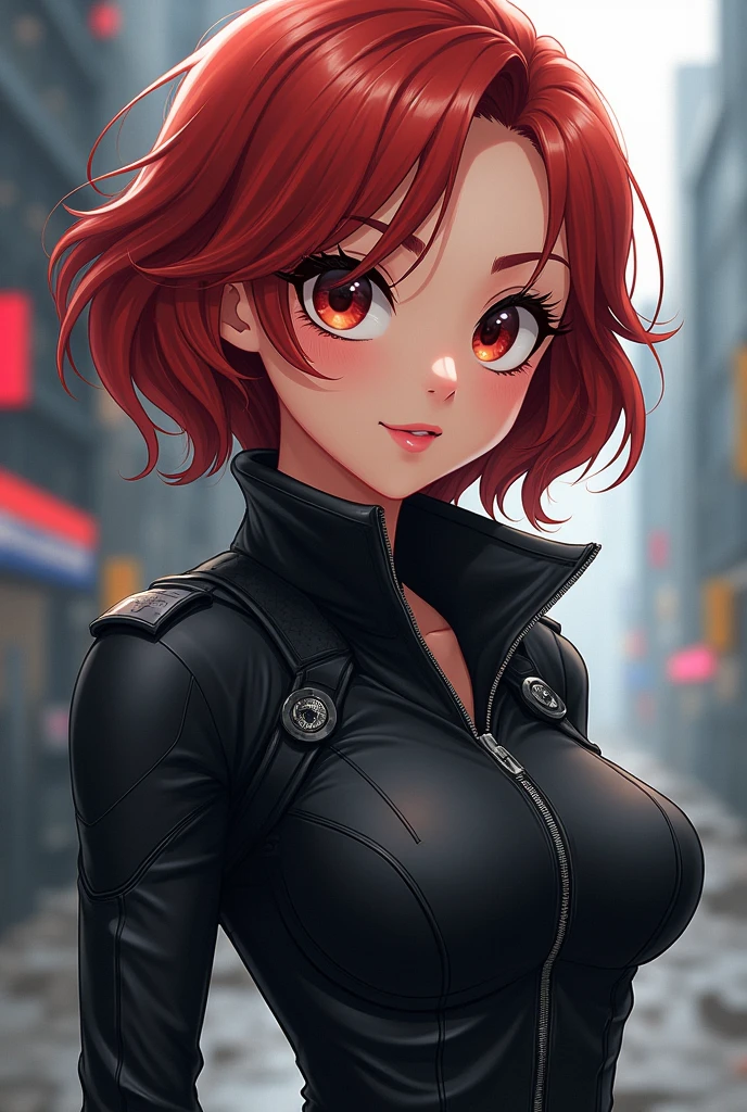 (best quality, masterpiece), 1girl, leather jacket, thighhighs, makeup, hand in pocket, looking at viewer, backlighting, seductive smile, freckles, street, blurry background,