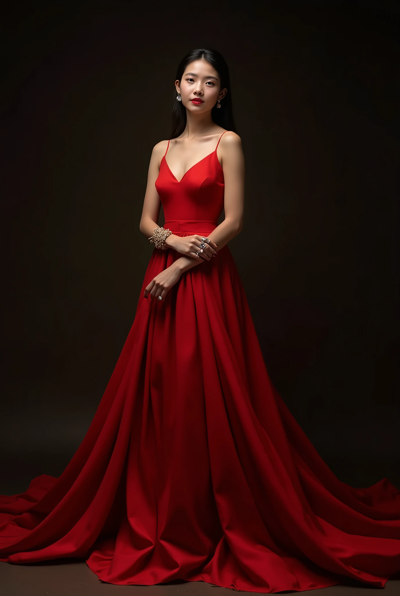 Top Quality, Masterpiece, Ultra High Definition, (Photorealistic: 1.4), Raw Photo, 1 Girl, Dark Hair, Glossy Skin, Dramatic Lighting, Full Body, Red Dress with sparkling, Colossal