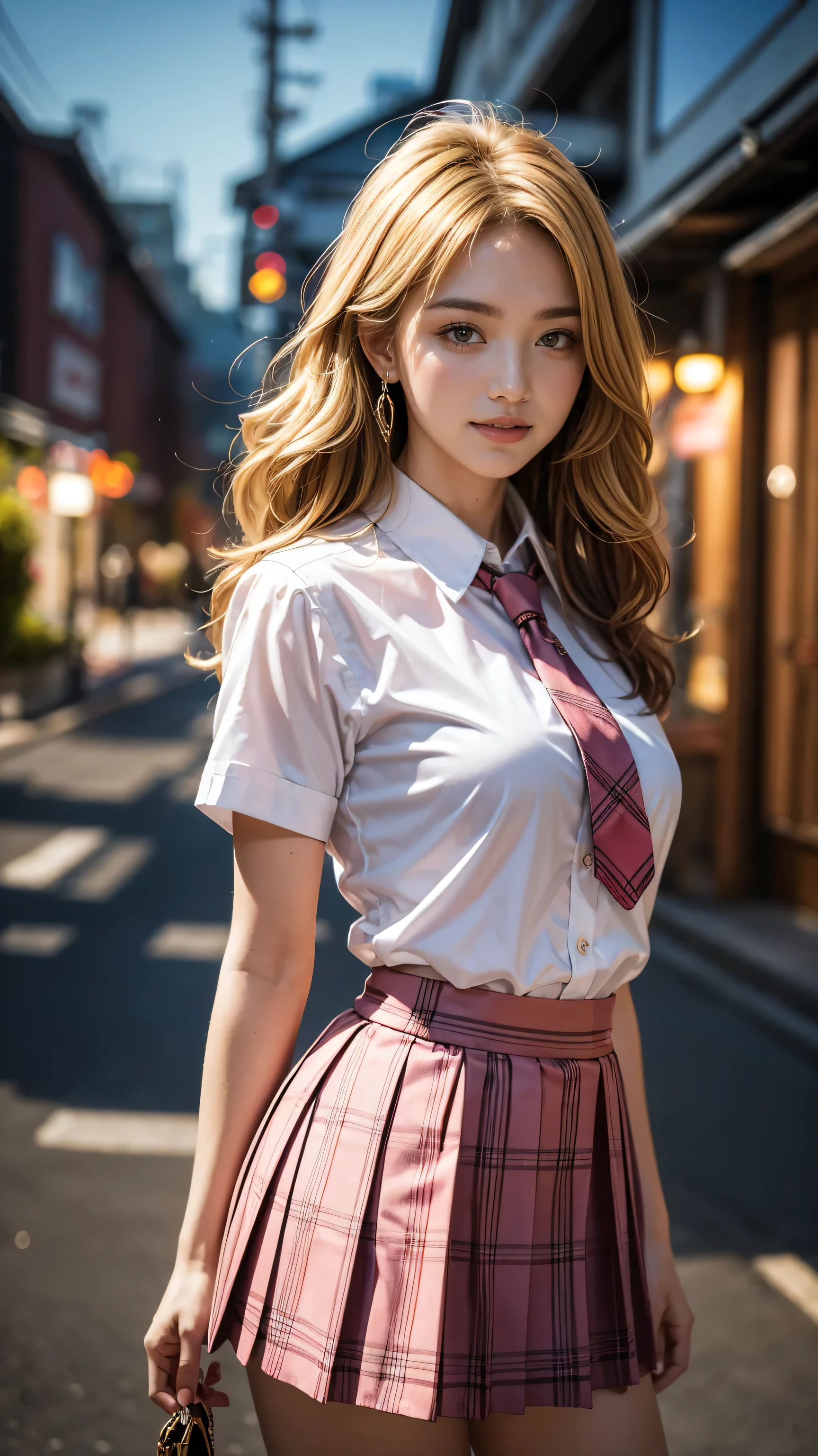 Highest quality, Tabletop, Ultra-high resolution, (Realistic:1.4), (Japanese Idols),RAW Photos, One Girl, night,Detailed skin,Blurred cityscape of South Korea,,Blonde, (Random blonde hair:1.3),Glossy Lips,smile,(Model pose:1.2),Beautiful Eyes,Earrings,Cold Light,Slim body,Wavy Hair,Galメイク,E-cup soft breasts:1.8,long and voluminous lashes:1.8,Sunburned skin:1.9,Gal:1.9,Dark Skin:1.8,thin and long５Finger:1.8,(((Collared short-sleeved shirt, White shirt, school uniform, pink plaid pleated skirt, tie))),((Ultra short micro mini skirt)),